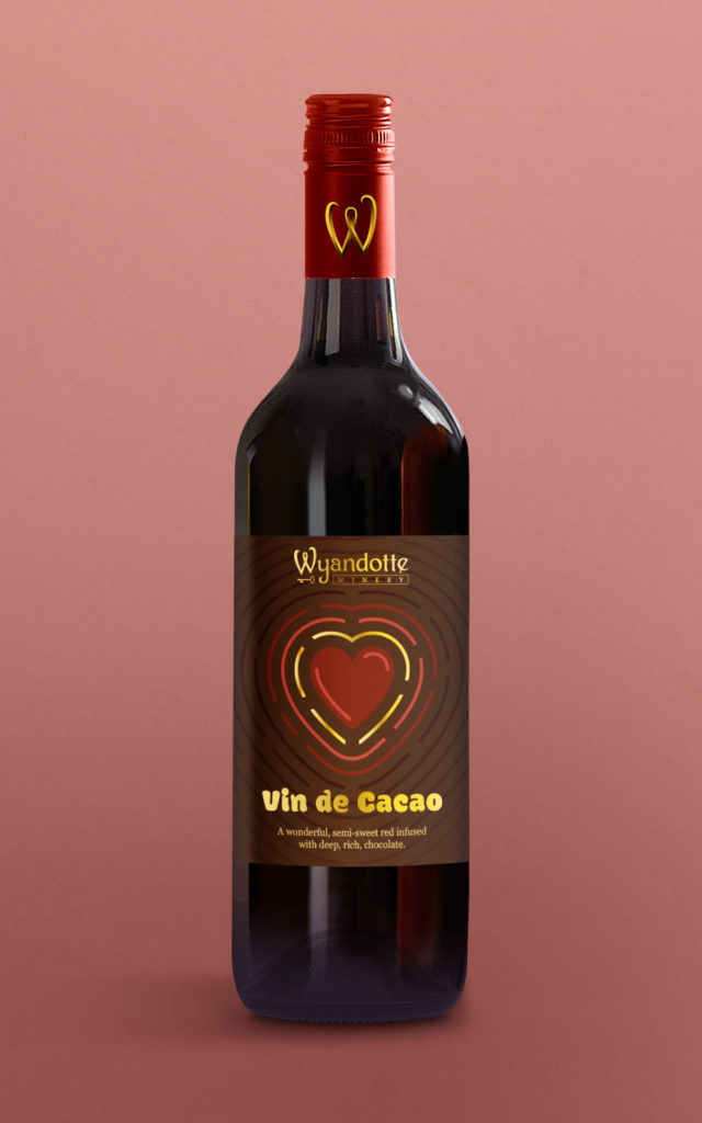 A wine bottle label design for a red wine featuring chocolate flavors.
